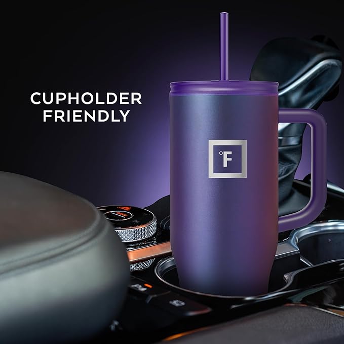 IRON °FLASK Co-Pilot Insulated Mug w/Straw & Flip Cap Lids - Cup Holder Bottle for Hot, Cold Drink - Leak-Proof- Water, Coffee Portable Travel Tumbler - Fire Red, 40 Oz
