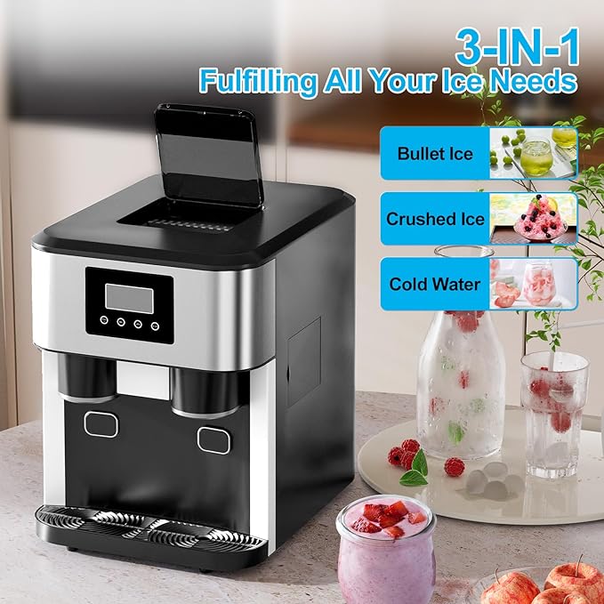 3-in-1 Bottleless Water Cooler Dispenser with Ice Maker & Ice Crusher, 40lbs/24H Ice Output, 1.8L Water Tank, 3 Size Bullet Ice Cubes for Home Office RV Party