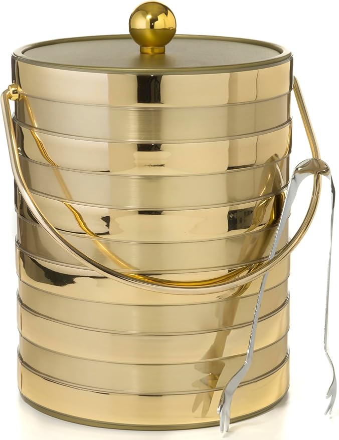 Made In USA Metallic Deco Collection Double Walled Insulated Ice Bucket With Ice Tongs (5-Quart, Gold Stripes)
