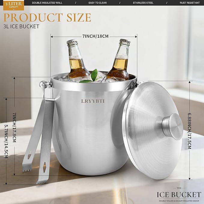 Ice Buckets for Parties with Lid,Tongs and Strainer (3L/Silver) Double Wall Stainless Steel Ice Bucket Keeps Frozen Longer,Ideal Perfect for Parties, Cocktail bar, Chilling Wine, Champagne