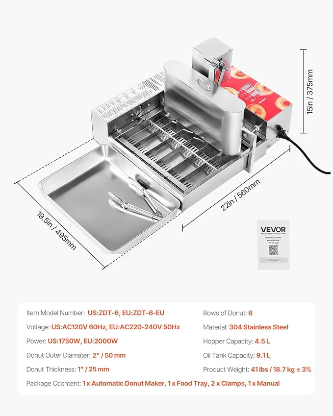 VEVOR Commercial Automatic Donuts Machine, 6 Rows Donuts Making Equipment, 360 pcs/hour Electric High Power Doughnut Maker, Stainless Steel Frying Auto Fryer, with Intelligent Control