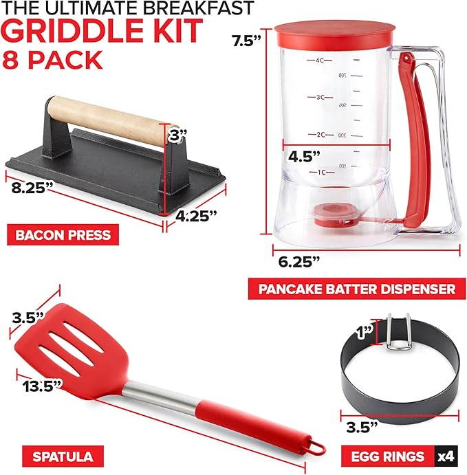 Modern Innovations Griddle Breakfast Kit Pancake Batter Dispenser Grill Press Egg Rings Spatula Compatible with Blackstone Griddles 8 Pack