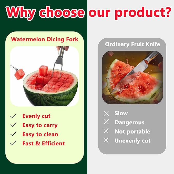 Watermelon Cutter, 2-in-1 Stainless Steel Fruit Cutter, Dual Head Watermelon Fork Slicer Tool, Summer Fruit Cutting Kitchen Gadget for Home (Round-1PCS)