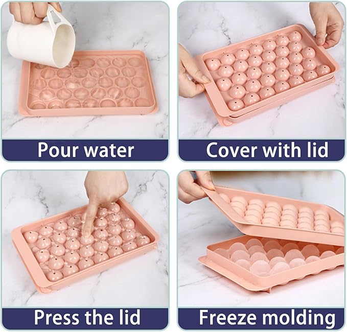 Ice Cube Tray with Lid, 33 Sphere Ice Cube Mold for Freezer, Stackable Round Ice Ball Maker Circle Ice Trays for Cocktails, Whiskey, Coffee, Drinks (Pink)