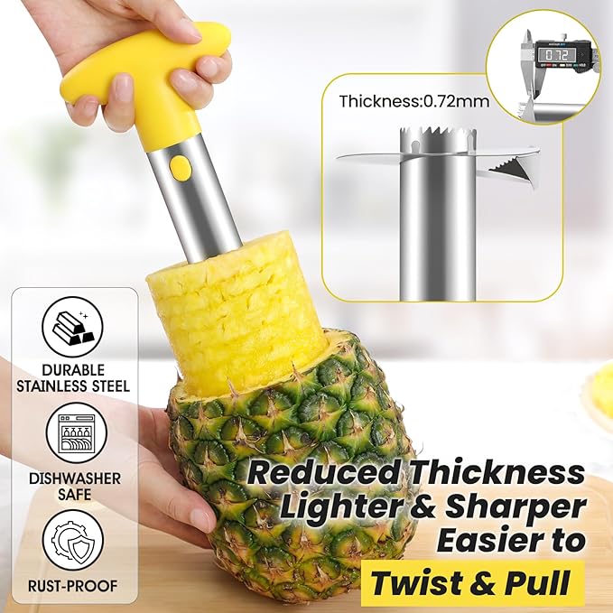 AUBENR Premium Pineapple Corer and Slicer Tool - Sharp Pineapple Cutter with Serrated Tips - Easy to Use and Clean - Stainless Steel Core Remover for Pineapple - Core Fruits with Ease(Yellow)