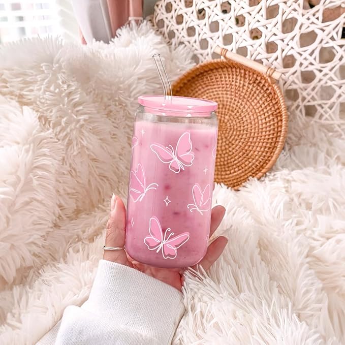 SANDJEST Butterfly 16 Oz Can Glass Tumbler with Acrylic Lid and Straw - Iced Coffee Cups for Women, Aesthetic Glass Cup Gift for Birthday Christmas