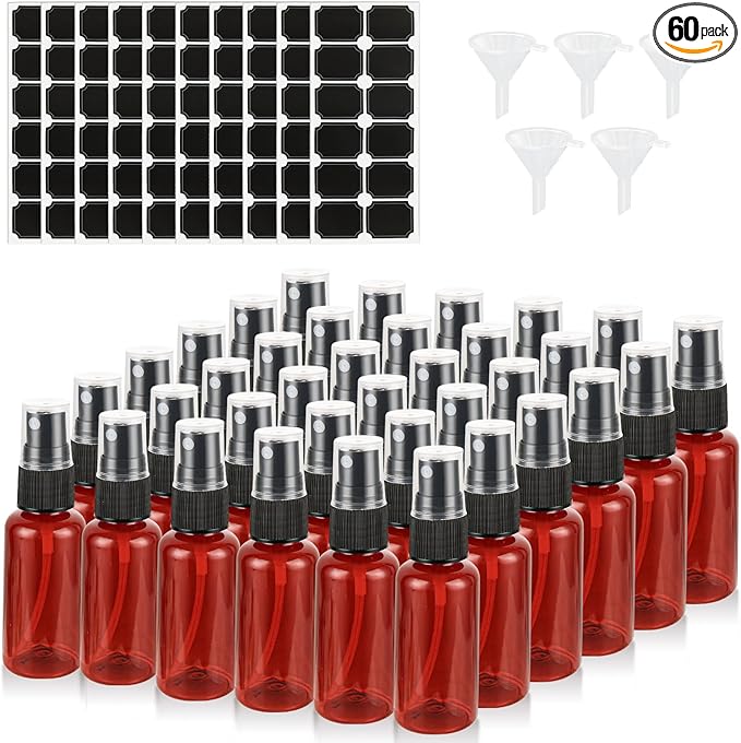 60PCS 1 oz Amber Spray Bottles for Essential Oils Small Plastic Spray Bottle with Funnel & Stickers Refillable 1oz Empty Mini Mister Spray Bottle for Travel Cleaning Beauty