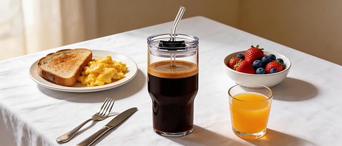 BLUEPOLAR 470ml/16oz Ribbed Glass Tumbler with Straw and Lid, BPA-Free Reusable Iced Coffee Cups with Lids, Thickened Coffee Tumbler for Office/Travel/Car (18oz)