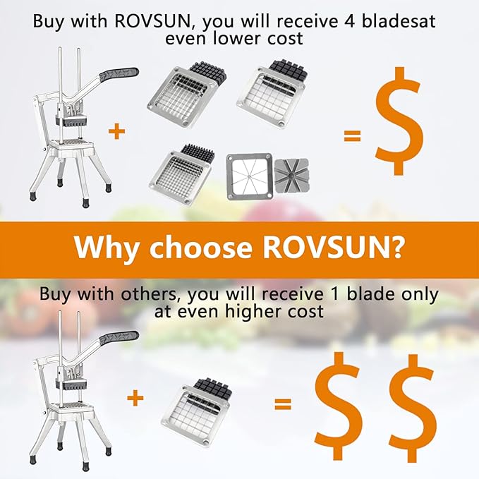 ROVSUN Commercial Vegetable Chopper French Fry Cutter Potato Slicer Fruit Chopper, Super Value Set of Suction Feet, 1/2'', 3/8'', 1/4'', 8-Wedge Blades and Pusher Blocks for Restaurant, Home & Kitchen