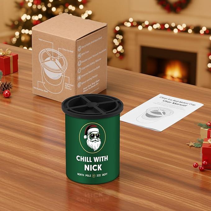 Christmas Clear Ice Cube Maker, 2.5" Stainless Steel Crystal Clear Ice Ball Maker, Ice Molds for Whiskey/Old Fashioned Cocktail/Bourbon, Whiskey Bourbon Gifts for Men, Dad, Husband (Chill Santa)