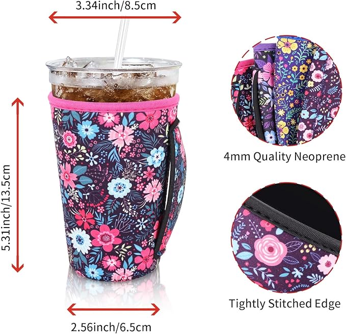 4Pack Reusable Iced Coffee Sleeve Insulator Sleeves for Cold Drinks Beverages, Neoprene Cup Holder for Most Coffee, Fits 22-24oz Medium Cups(Flower)