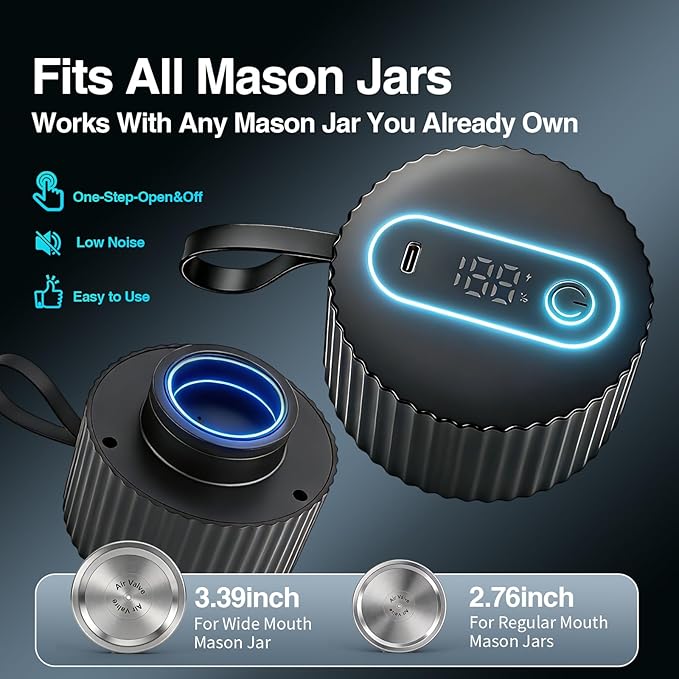 Electric Mason Jar Vacuum Sealer kit 3-in-1 Portable Vacuum Sealing for Jars Lids, Bags & Containers | Ideal for Fresh Produce, Dry Foods, Meats & Meal Prep (Black)