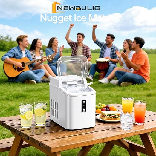 NEWBULIG Nugget Ice Makers Countertop, Portable Nugget Ice Machine, Ready in 6 Mins, 24lbs in 24Hrs, Auto-Cleaning, with Basket and Scoop, for Home, Kitchen, RV, Camping, White