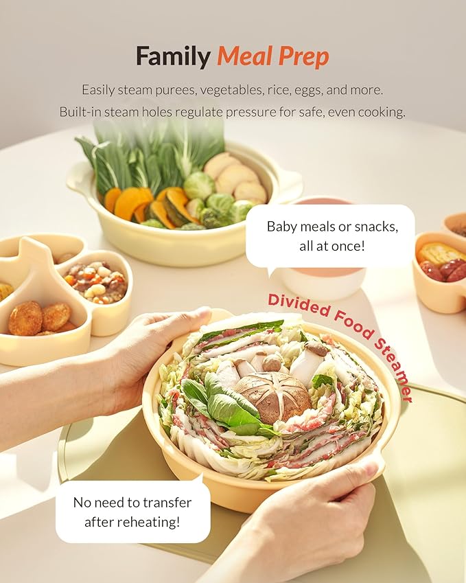 Moyuum Silicone Microwave Divided Steamer | Made in Korea, Baby Food Maker Bowl with 4 Compartment Divider and Steaming Tray, Steam Cooking Pot for Purees and Vegetables, Dishwasher Safe - Terra Cotta