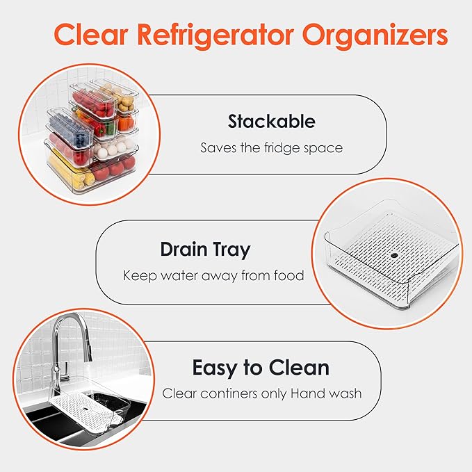 SMRCAD Fridge Organizers and Storage, 8 Pack Clear Freezer Organizer Bins with Lids for Kitchen, Pantry, Refrigerator, Food, Fruit, Vegetable Storage (8 Bins (Include Pull-out Drawer))
