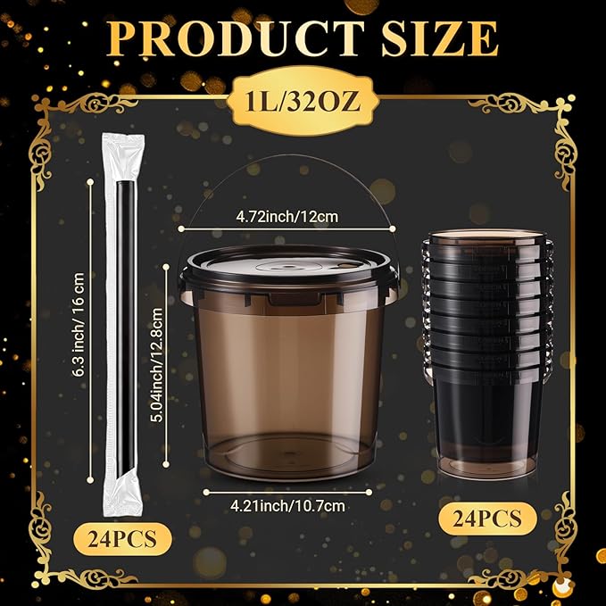 Funnymoom 24 Pack 32 oz Plastic Rum Buckets for Drinks with Straws Ice Cream Cocktail Bucket with Lids and Handles Reusable Food Containers Cup for Parties Summer Beach Bar Beer (Black)