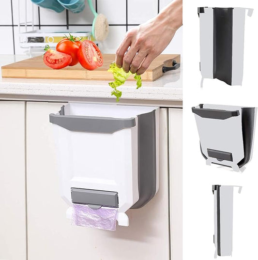 YCOCO Hanging Kitchen Trash Can,2.4 Gallon Collapsible Waste Bin,Small Plastic Folding Hang Garbage Can for Cabinet Car Bedroom Bathroom Kitchen Office,White