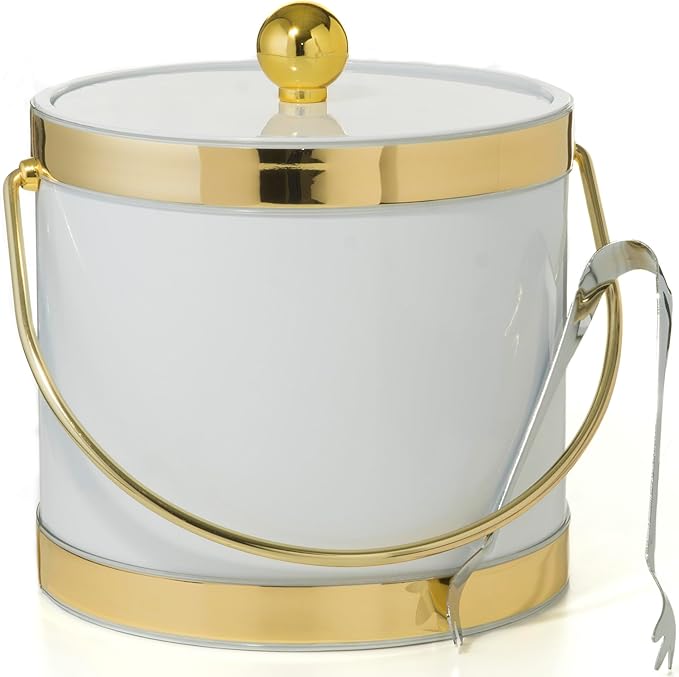 Made In USA Metallic Deco Collection Double Walled Insulated Ice Bucket With Ice Tongs (3-Quart, White & Gold)
