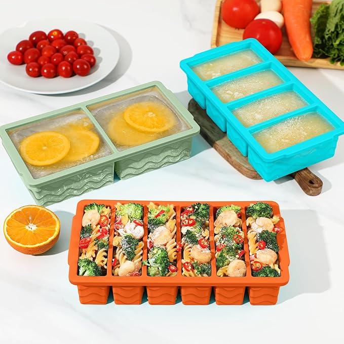 3-Pack Silicone Freezer Trays with Lid,2 Large 2-Cup(500ml)&4 Medium 1-Cup(125ml)&6 Small 1/2-Cup(75ml) Soup Freezer Container Molds,Ice Cube Tray For Meal Prep&Freezing Soup,Stews,Sauces