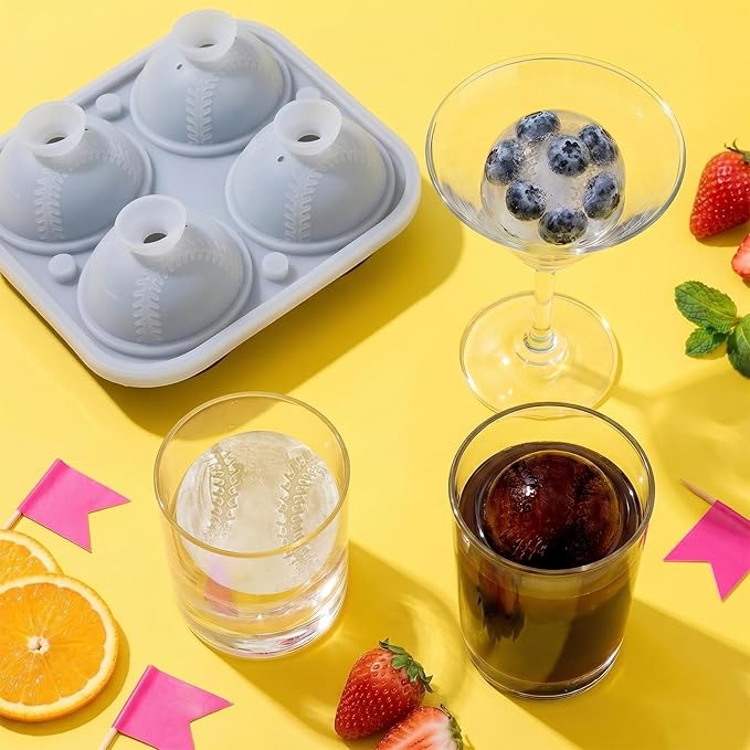 Large Ice Cube Tray,Silicone Ice Cube Trays for Freezer with Lids & Funnel,2.5 Inch Reusable Big Round Ice Cube Mold Ball Maker for Gifting,Whiskey,Cocktails and Drinks,Easy Release (Baseball)