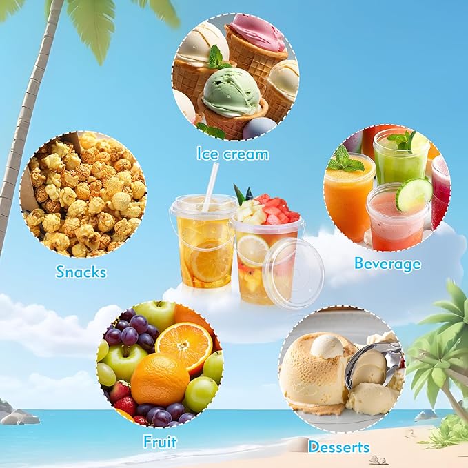 mwellewm 30 Pcs Drink Buckets with Lids and Straws, 34 oz with Handles Disposable Clear Rum Plastic Coffee Lemonade Cocktail Bucket Cups with Lid for Parties, Pool and Picnic