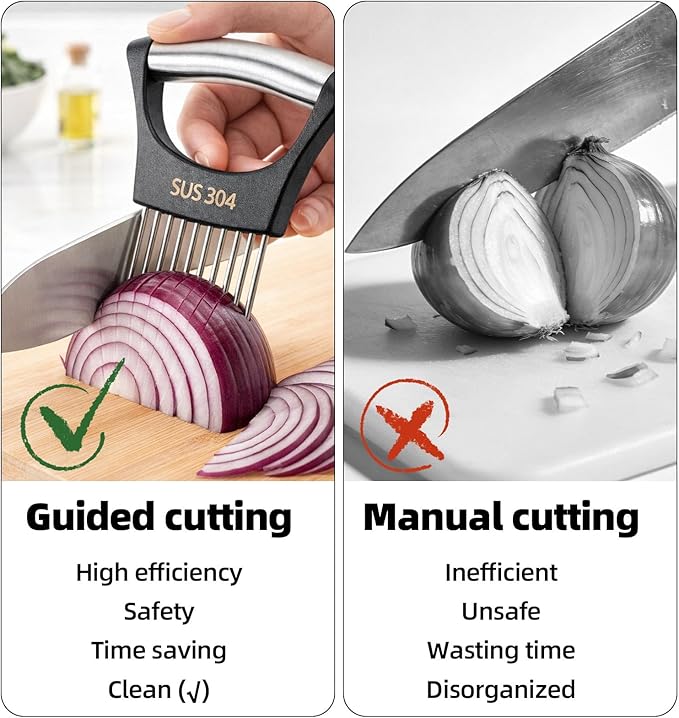 Onion Slicer Holder, Stainless Steel Vegetable Potato Tomato Chopper Cutter with Protective Case Practical Kitchen Must Haves Tool Utensils Gadgets Clearance for Slicing Vegetables Marinating Meat