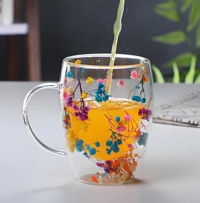 Double Walled Clear Glass Espresso Cups with Handle Cute Floral Latte Coffee Mugs for Women Unique Tea Mug Cappuccino Cups
