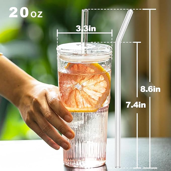 JunVpic Glass Tumbler with Straw and Lid, 20 OZ Clear Iced Coffee Glasses Cups for Ice Water, Juice, Tea, Milk, Smoothie and Cold or Hot Drinks, Set of 2