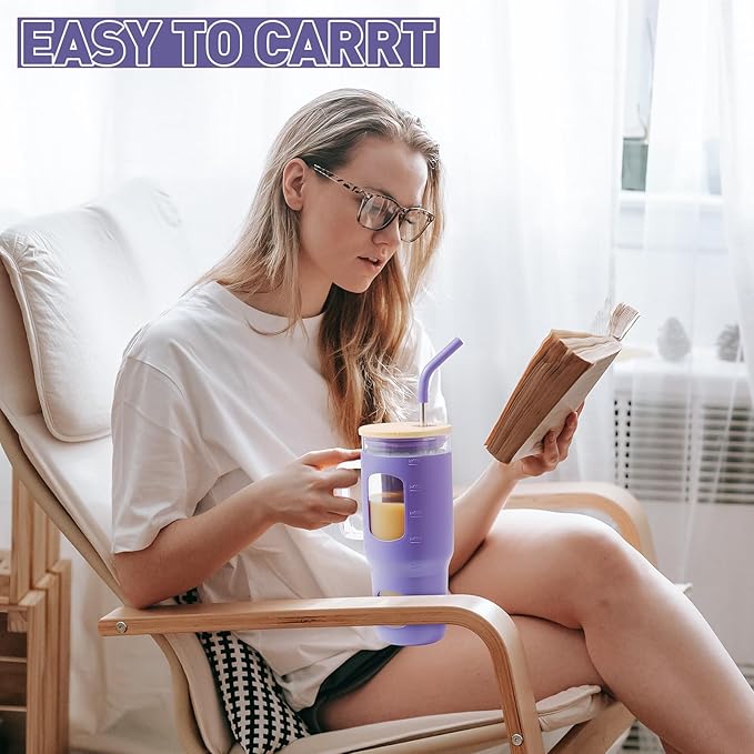 WINSA 32 oz Glass Tumbler with Straw and Lid, Glass Water Bottles with Time Marker, Silicone Protective Sleeve - Purple