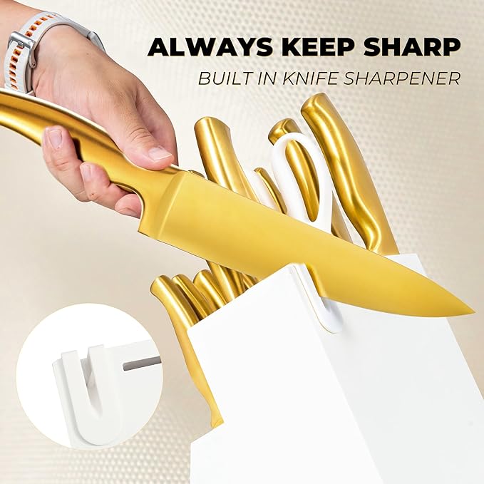 ZHANG XIAO QUAN Gold Knife Set with White Block, High Carbon Stainless Steel Sharp Blades, Built-in Sharpener Kitchen Knife Block Set for Home Cooking
