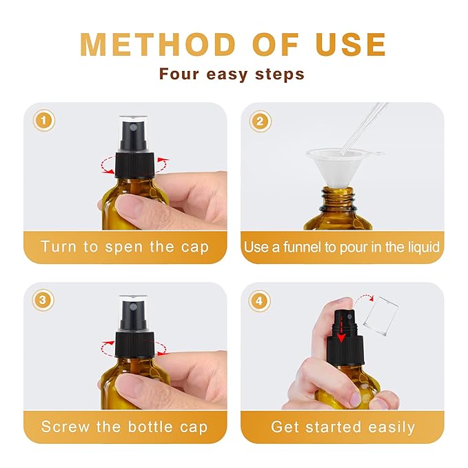 GIVAMEIHF Amber Spray Bottles about 4oz Empty Small Glass Spray Bottle Fine Mist Spray Refillable Containers, Set of 16, Included 24 nozzles, 2 Funnels, 2 Droppers, 24 Labels