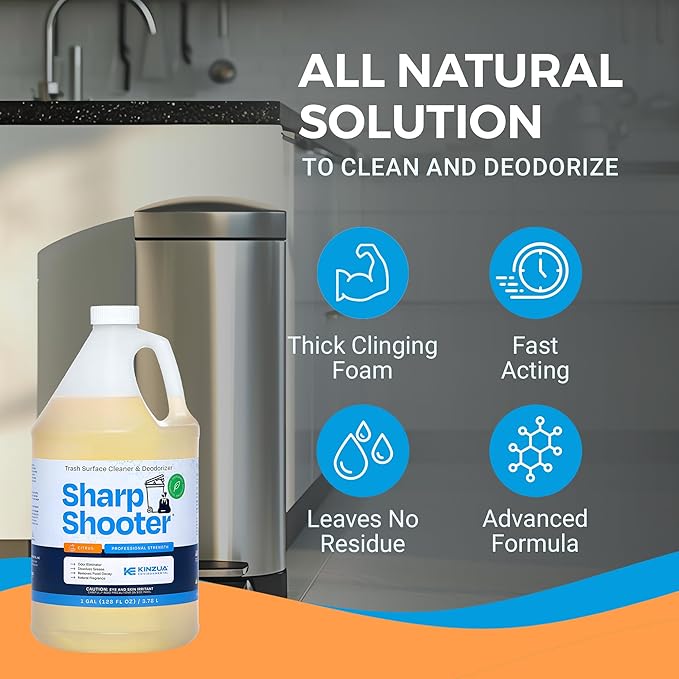 KINZUA ENVIRONMENTAL Sharpshooter, Heavy-Duty Trash Can Odor Eliminator & Degreaser, Garbage Surface Cleaner and Deodorizer Foam, Professional-Grade, Fresh Citrus Scent, 1 Gallon