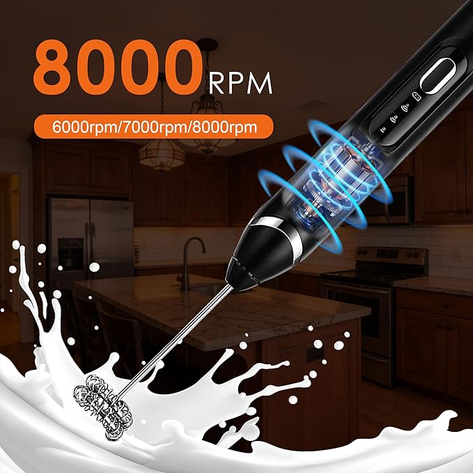 Milk Frother Handheld with Stand,Rechargeable Coffee Frother Wand with 3 Detachable Stainless Steel Whisk Heads, Hand Electric Mixer for Latte, Cappuccino,Matcha,Protein（Black）