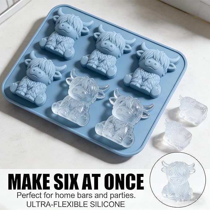Mini Highland Cow Ice Cube Mold,Funny 3D Highland Cow Ice Cube Tray,Cute Animal Silicone Molds for Whiskey,Cocktails, Beer & Drinks, Novelty Cow Easter Molds Perfect Gifts for Friends(6-Cavity)