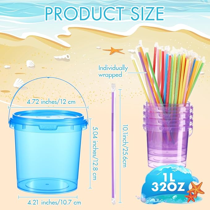 Funnymoom 48 Pack 34 oz Plastic Rum Buckets Bulks for Drinks with Straws Reusable Ice Cream Cocktail Cups Neon Party Bucket with Lids Handles Food Containers Cup for Summer Beach Bar Beer