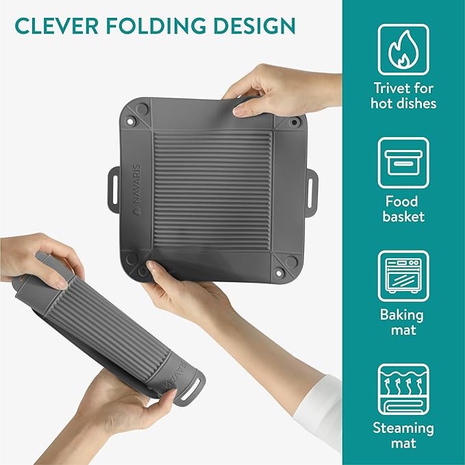 Navaris Silicone Air Fryer Liners (Set of 2) - Reusable Liner with Foldable Design 25cm x 28.2cm (9.8" x 11.1") - Basket Tray Mat - Dishwasher Safe - Grey