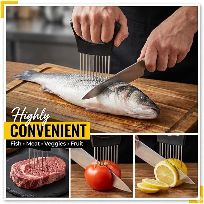 Onion Holder & Food Slicer Guide – Heavy Duty Stainless Steel Meat Tenderizer & Vegetable Cutter – Odor-Free Finger Guard for Onions, Tomatoes & Lemons (Dishwasher Safe)
