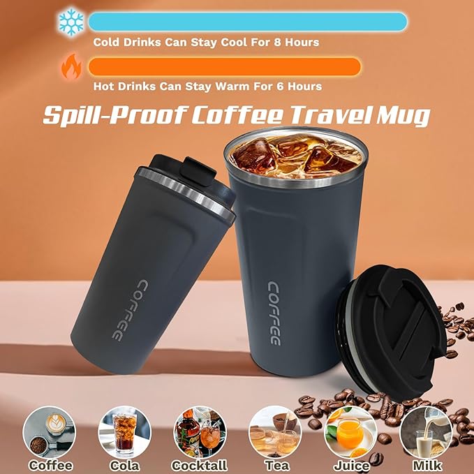SPLMIFA Travel coffee mugs leak-proof, reusable coffee cups with lids, stainless steel vacuum insulated coffee tumblers, thermal insulation cups for men & women keep drinks hot & cold(2nd-Blue, 12OZ)