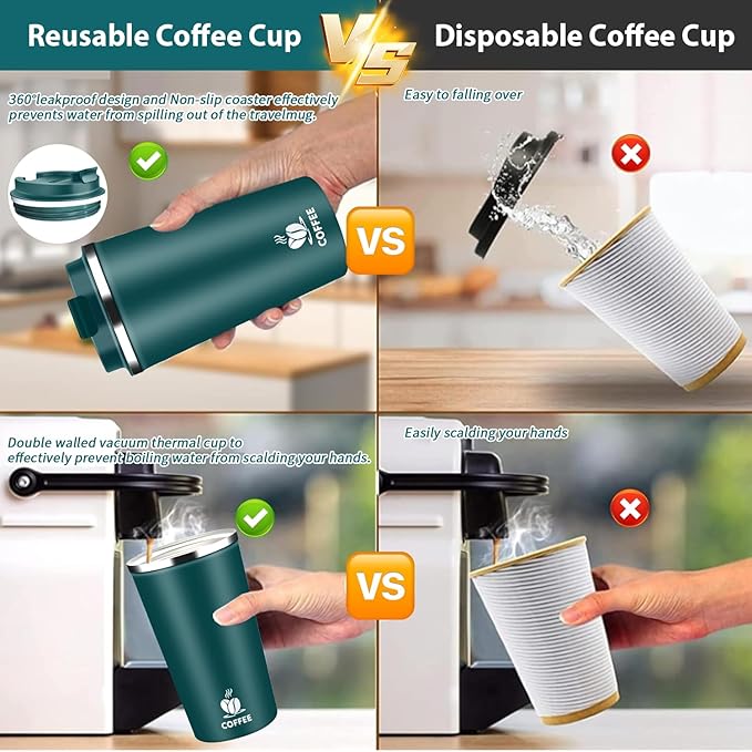 Insulated Travel Coffee Mug Reusable Coffee Tumbler Cup with Flip Lid Leak Proof Spill Proof for Office School Party Camping Hot and Cold Drink,Stainless Steel 17oz (Kingfisher Blue)