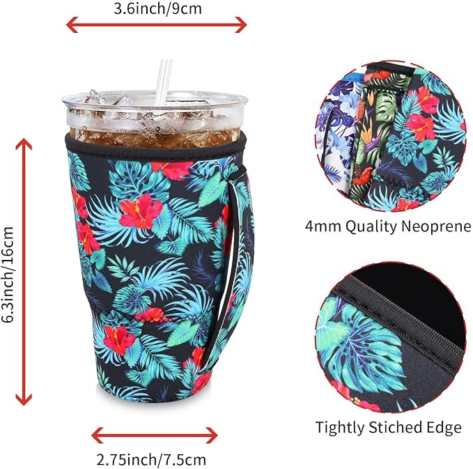 4Pack Reusable Iced Coffee Sleeve Insulator Sleeves for Cold Drinks Beverages, Neoprene Cup Holder for Most Coffee, Fits 30-32oz Large Cups (Tropical Flower)
