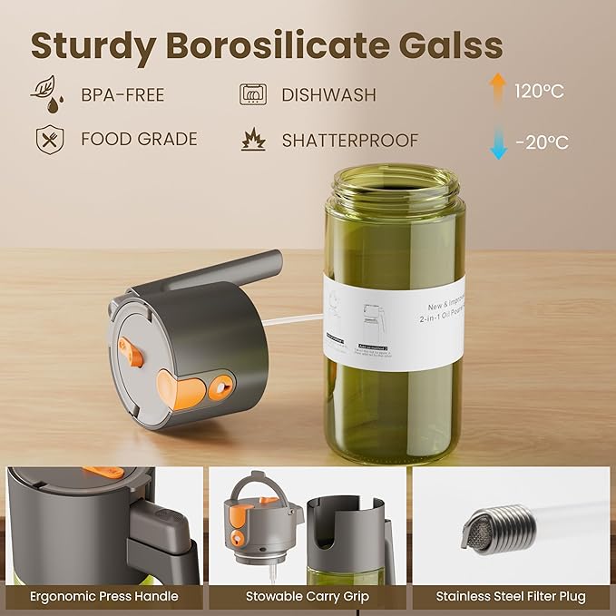 LAKUMIQI 2 in 1 Oil Sprayer for Cooking, 17oz Light-Blocking Glass Spray Bottle with Stickers, Oil Dispenser for Salad, Air Fryer & BBQ