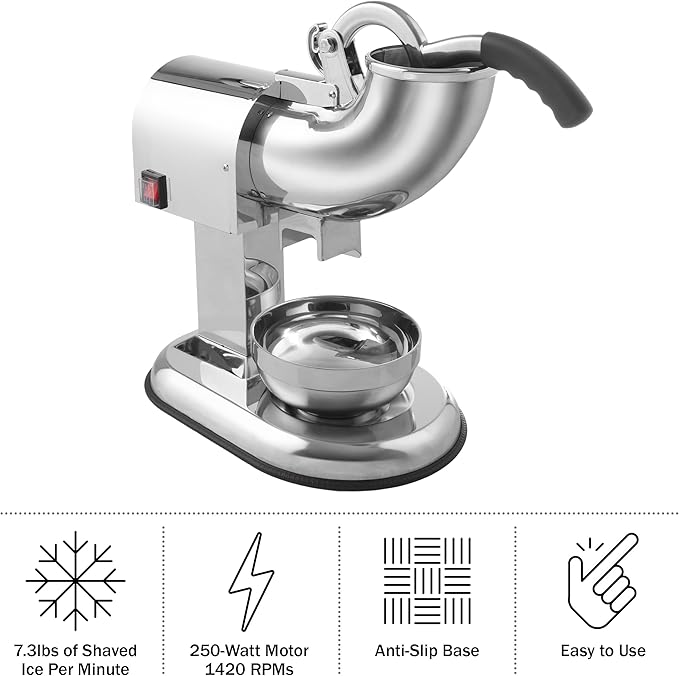 Snow Cone Machine - Ice Shaver with Powerful 250W Motor - Easy to Use Countertop Crushed Ice Maker by Great Northern Popcorn (Stainless-Steel)