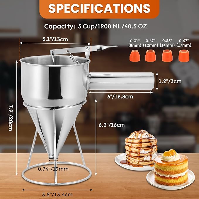 1200ML/40OZ Stainless Steel Pancake Batter Dispenser, Piston Funnel Dispenser with Stand Detachable Handle for Takoyaki Baking Cake Desserts with 4PCS Nozzles