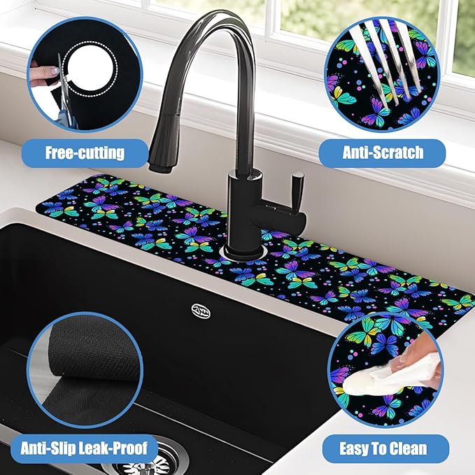 Sink Faucet Absorbing Mat Colourful Butterflies Sink Splash Guard Drying Mat for Kitchen Bathroom Faucet Sinkmat 23.5"X5.5"