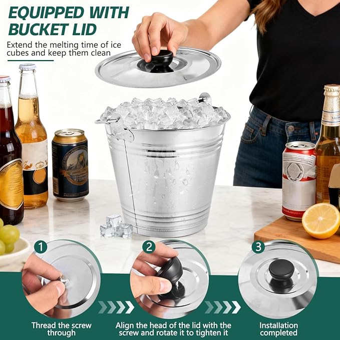 OBTANIM 3 Pack 6L Stainless Steel Metal Ice Buckets Champagne Drink Cooler Storage Ice Pails with Handle and Lid for Party Favors Organizing Home Parties Bar Cooling Supplies