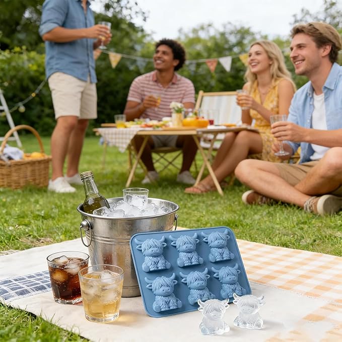 Mini Highland Cow Ice Cube Mold, Highland Cow Ice Cube Tray, 3D Cute Cattle Silicone Ice Cube Trays for Whiskey Cocktails Beer Coffee & Drinks Party, Reusable Animal Ice Cube Tray (6-Cavity)