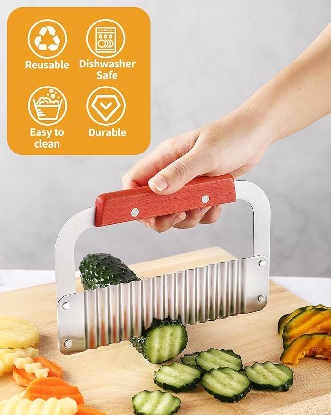 Crinkle Cutter Stainless Steel Potato Slicer Heavy Duty Wavy Crinkle Cutting Chopping French Fry Slicer 2 Pack Tools with Wooden Handle for Carrot Vegetable (Wood, 2)