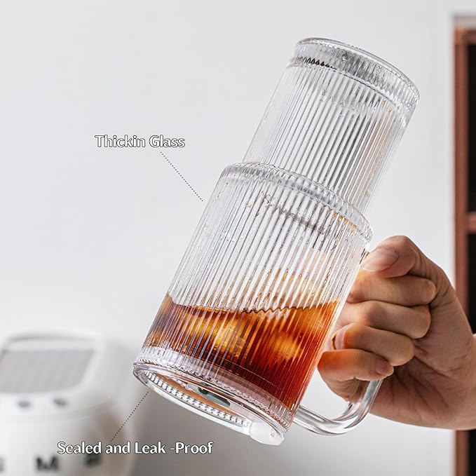 INSETLAN 24oz Ribbed Glass Tumbler with Handle & Lid – 4-Pack Large Iced Coffee Cups with Straws, Modern Glass Mug for Cold & Hot Beverages, Aesthetic Travel Cup for Smoothies, Tea, and Juice