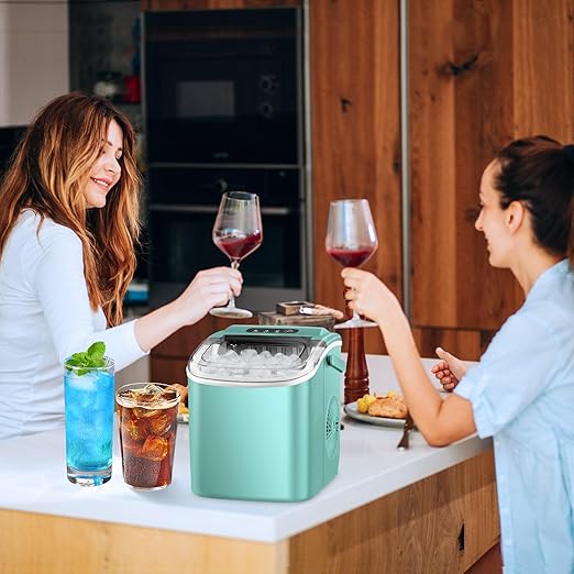 Ice Makers Countertop, Portable Ice Maker Machine with Carry Handle, 26Lbs/24H, Ice Machine Self-Cleaning with Basket and Scoop for Home Kitchen Party,Green