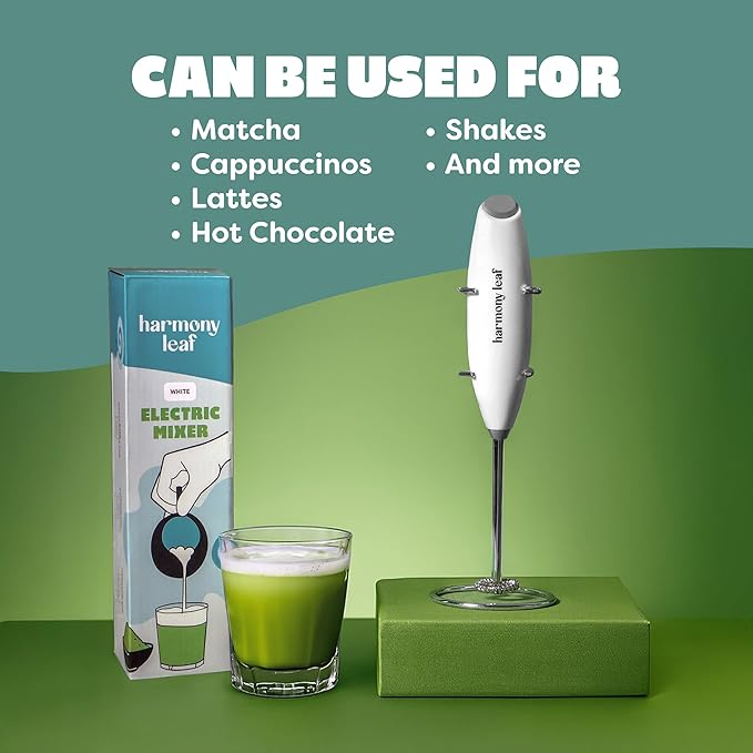 Harmony Leaf Handheld Milk Frother, Stainless Steel Electric Drink Mixer with Stand, Battery Operated Coffee Frother for Lattes, Matcha, Hot Chocolate and More, White